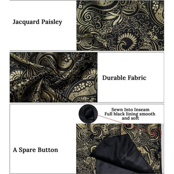 MEN'S Wedding Paisley Suit Vest, Black Gold Paisley - Picture 5 of 6